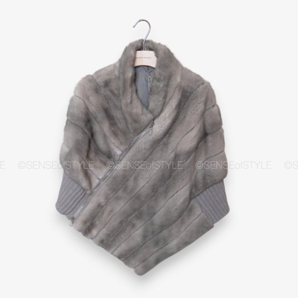 Brunello Cucinelli Silver Gray Mink Fur  Cape Poncho Women Jacket Size 42 M